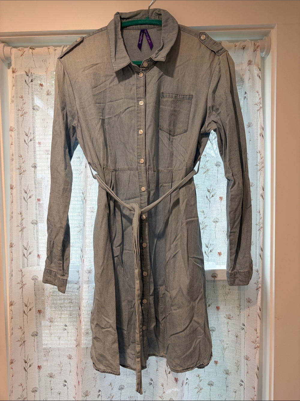 Seraphine Maternity Chambray Button-Front Shirt Dress with Tie Waist